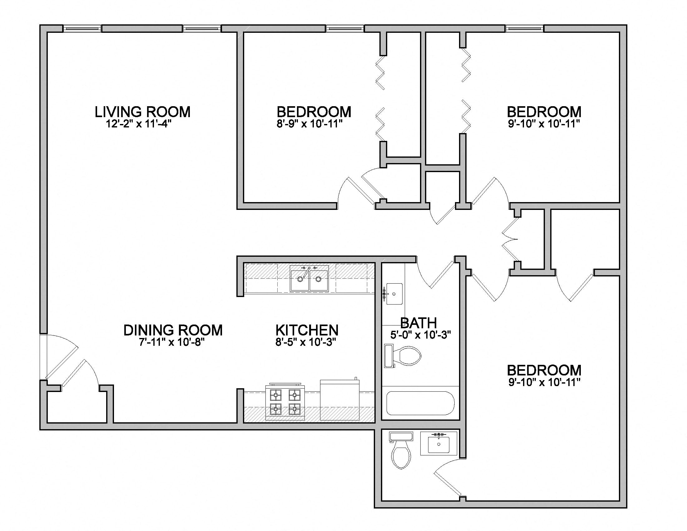 Floor plan for 3 beds, 2 baths, 1000 sqft